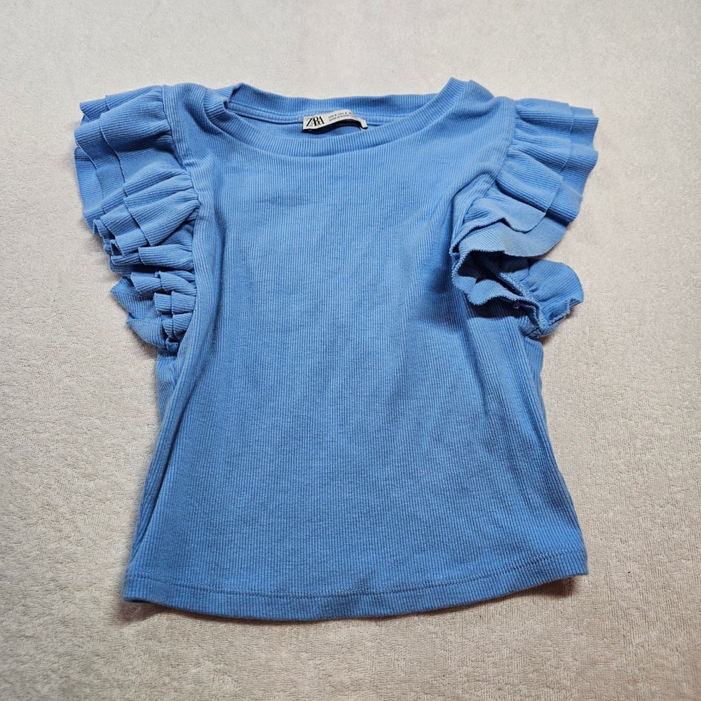 Zara Blue Ribbed Ruffle Sleeve Top Cotton Blend Crewneck Small